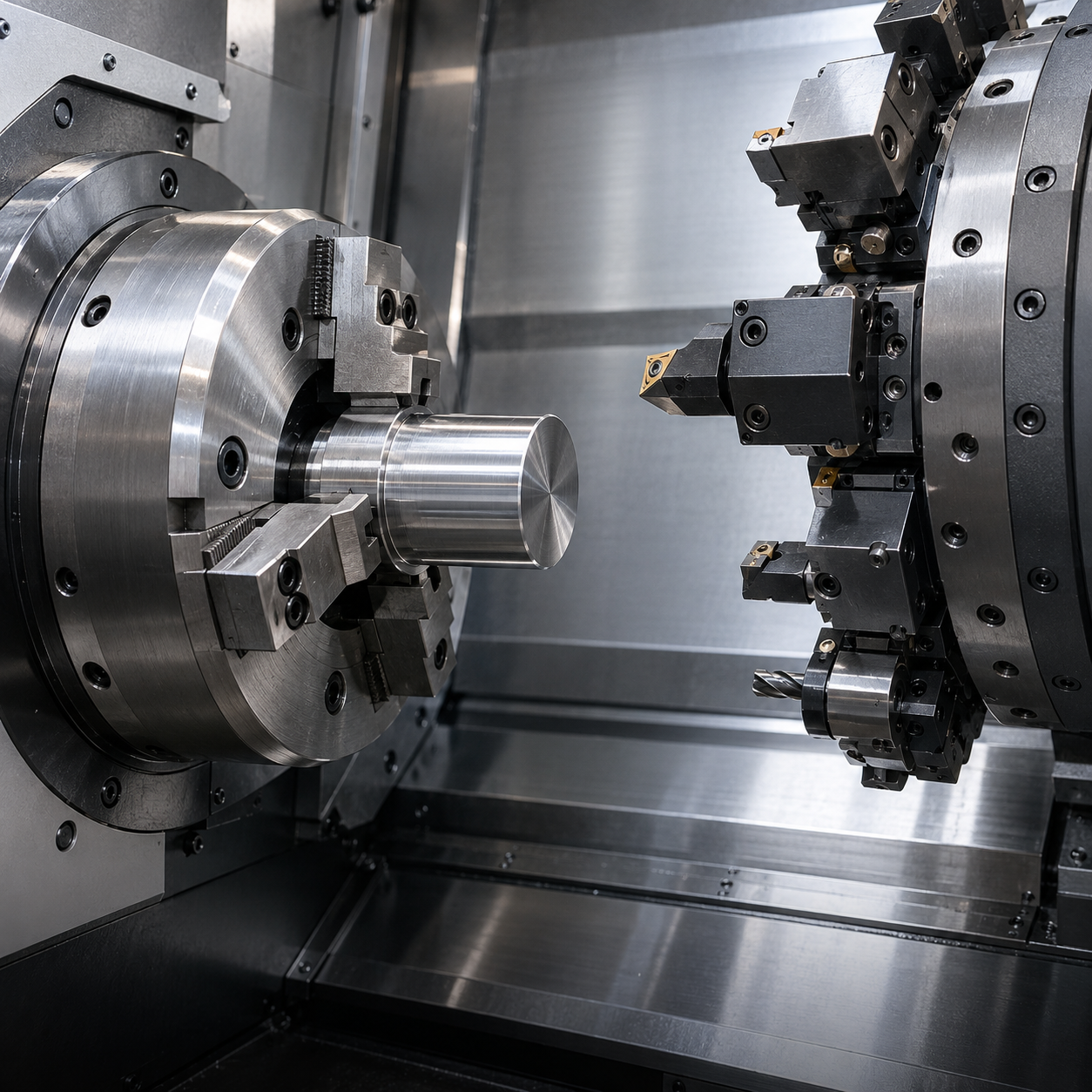 KI-generiertes Symbolbild einer markenfreien CNC-Drehmaschine mit Spannfutter, Werkstück und Werkzeugrevolver