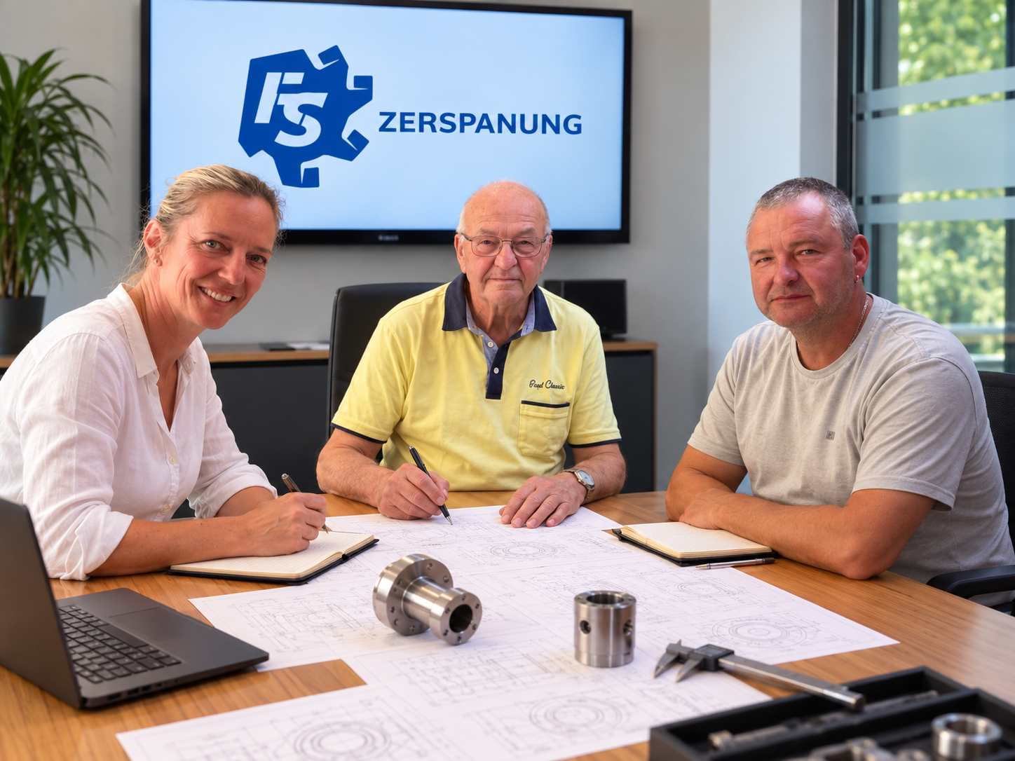Drei Personen besprechen technische Zeichnungen an einem Tisch mit Metallbauteilen